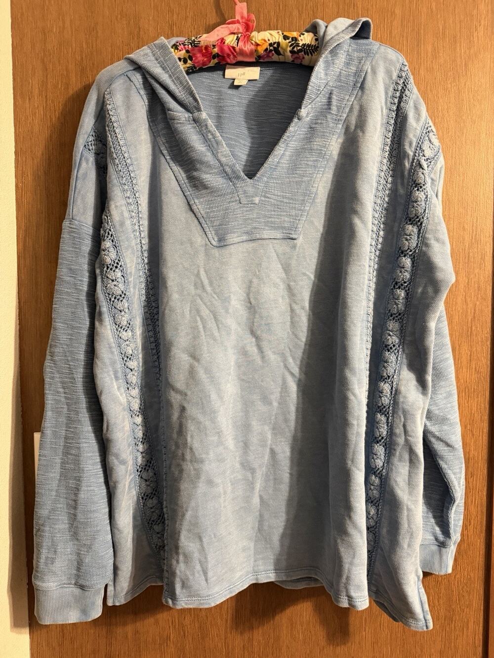 J. Jill garment-dyed mixed-terry crochet hoodie sz XL tall light blue